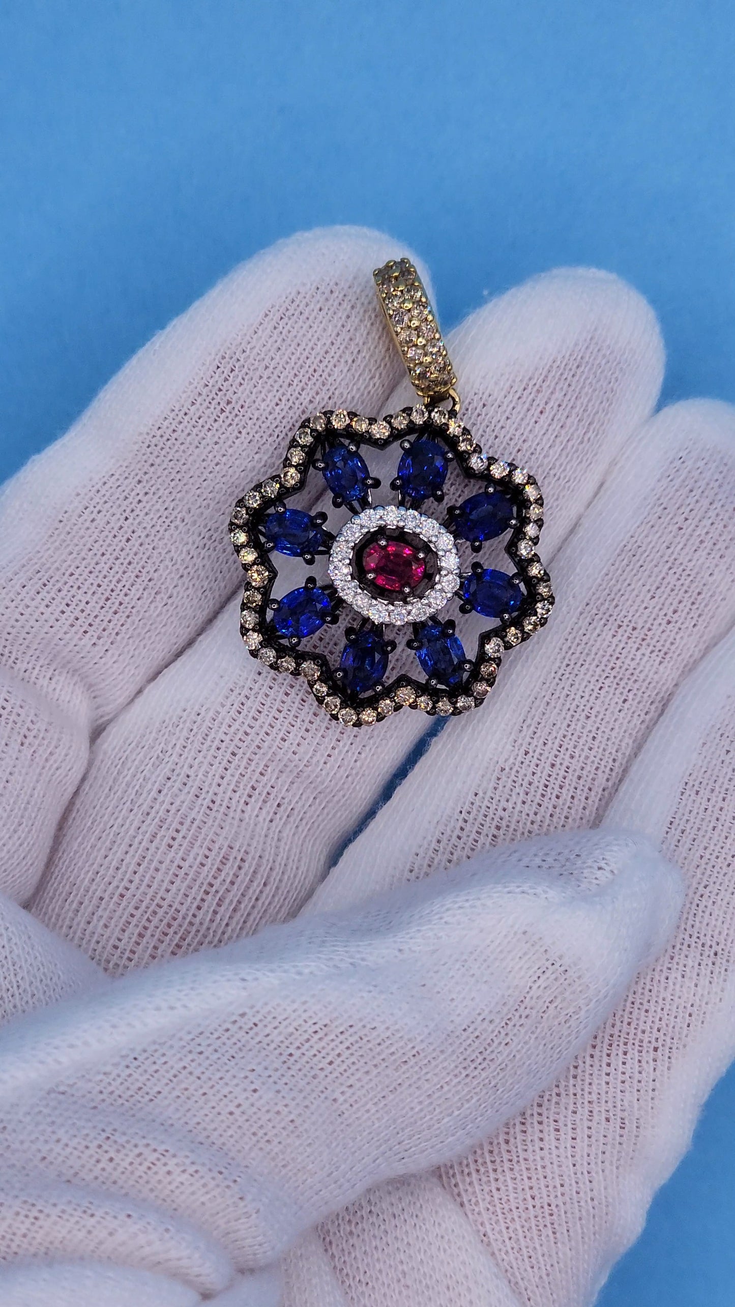 Unique Floral Motif Pendant with High Quality Sapphire, Ruby, White and Champagne Diamonds in 18k Gold and Black Rhodium