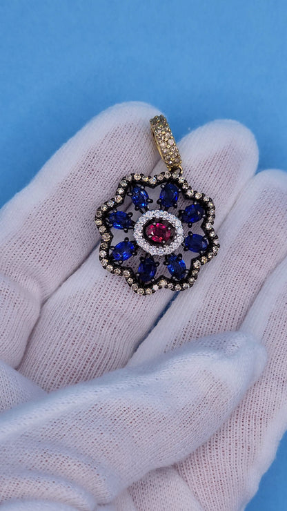 Unique Floral Motif Pendant with High Quality Sapphire, Ruby, White and Champagne Diamonds in 18k Gold and Black Rhodium