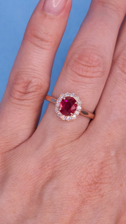 GIA 1.08 ct Ruby and Diamond Halo Ladies Rig in 14k Rose Gold