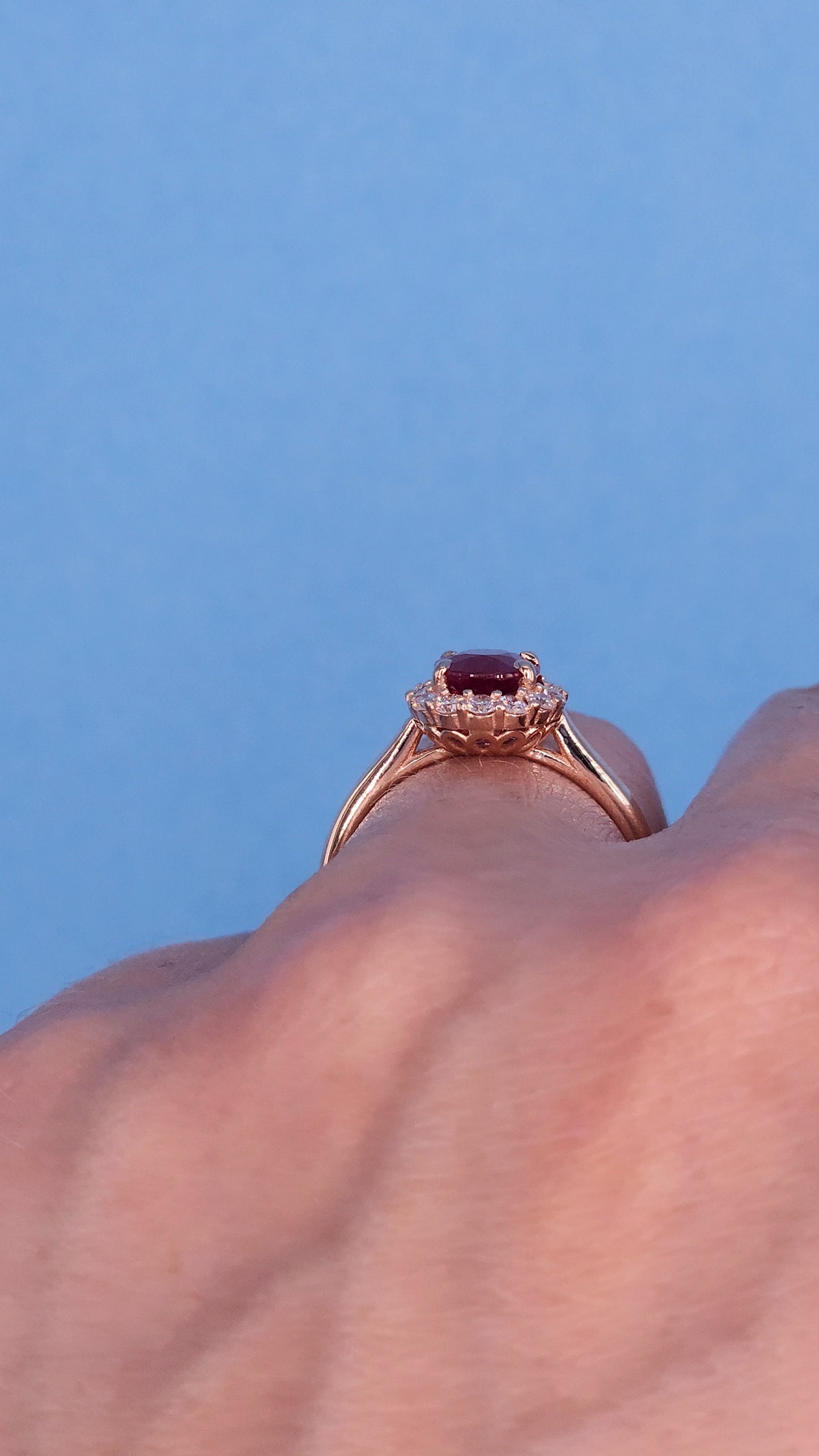 GIA 1.08 ct Ruby and Diamond Halo Ladies Rig in 14k Rose Gold