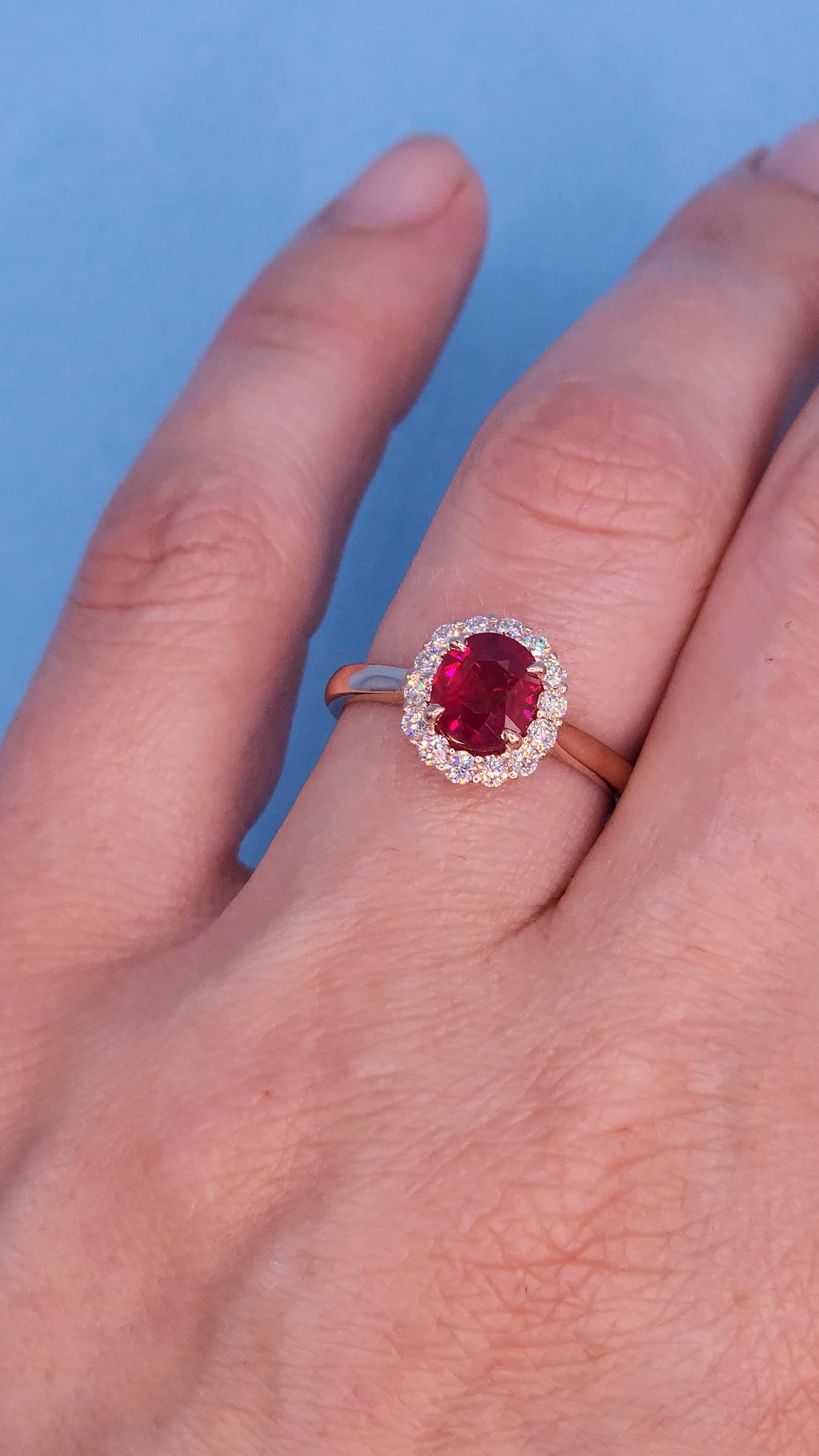 GIA 1.08 ct Ruby and Diamond Halo Ladies Rig in 14k Rose Gold