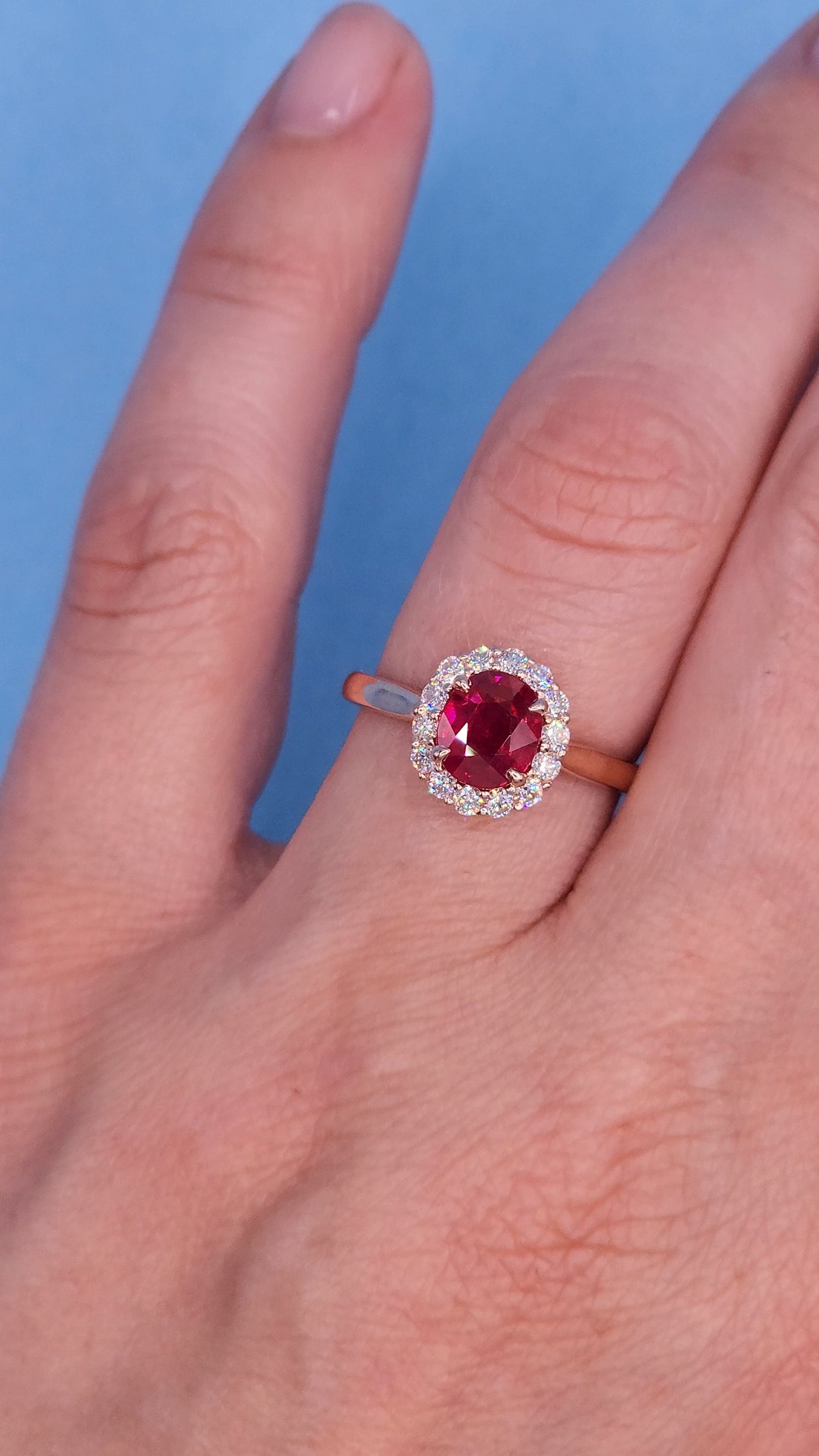 GIA 1.08 ct Ruby and Diamond Halo Ladies Rig in 14k Rose Gold