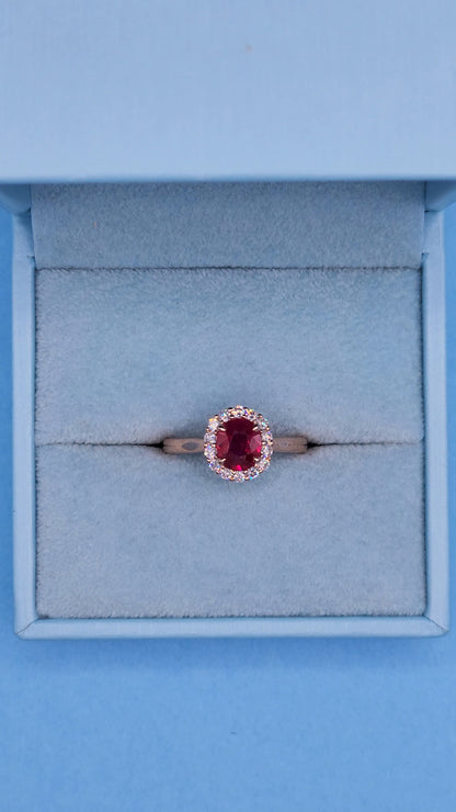 GIA 1.08 ct Ruby and Diamond Halo Ladies Rig in 14k Rose Gold