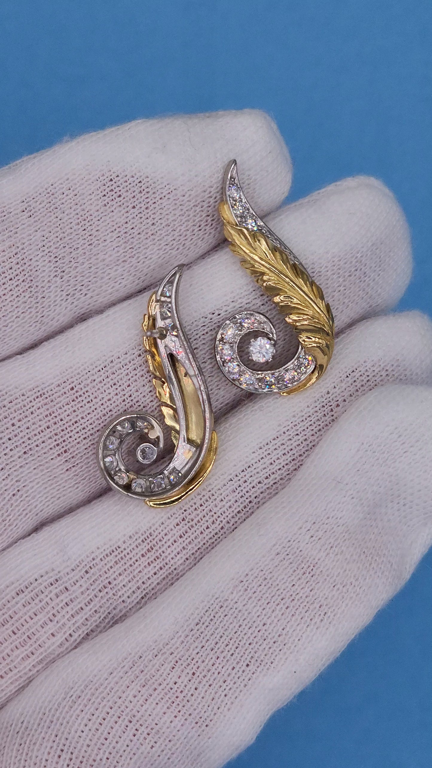 Vintage Diamond Swirl Drop Earrings in Platinum and 18K Yellow Gold
