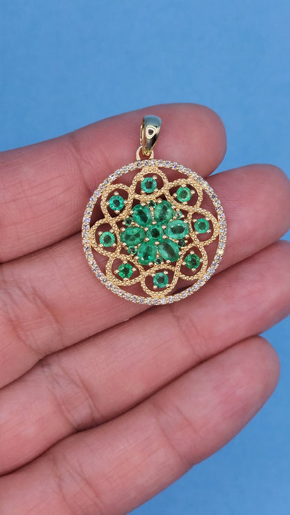 EFFY Emerald and Diamond Round Pendant in 14k Yellow Gold