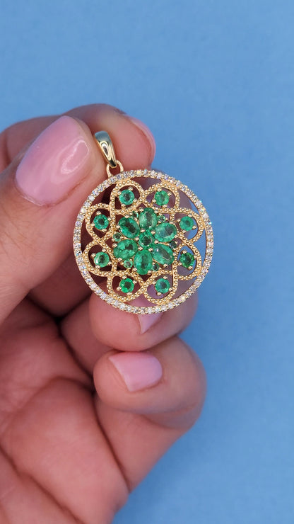 EFFY Emerald and Diamond Round Pendant in 14k Yellow Gold