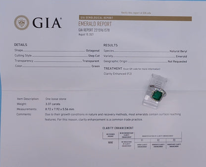 GIA 3.37 ct Natural Emerald and 0.50 ct Halo Diamond Engagement Ring in Platinum