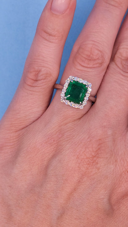 GIA 3.37 ct Natural Emerald and 0.50 ct Halo Diamond Engagement Ring in Platinum