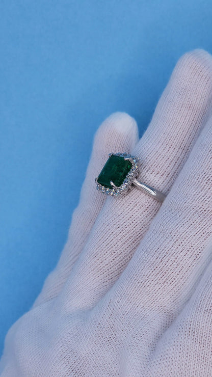 GIA 3.37 ct Natural Emerald and 0.50 ct Halo Diamond Engagement Ring in Platinum