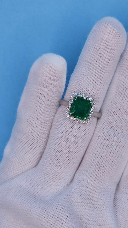 GIA 3.37 ct Natural Emerald and 0.50 ct Halo Diamond Engagement Ring in Platinum