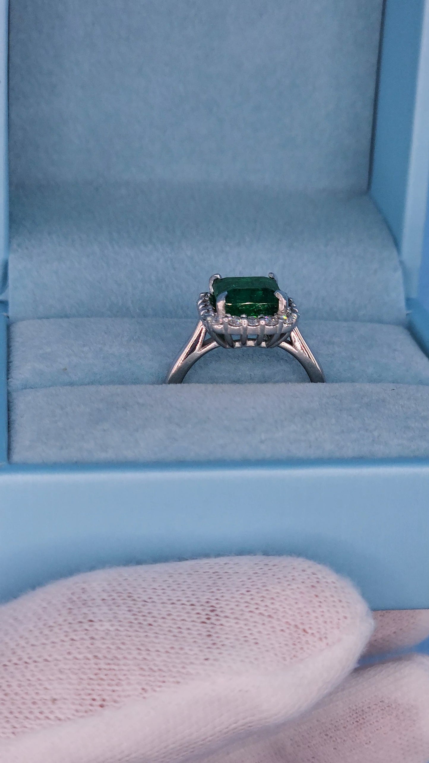 GIA 3.37 ct Natural Emerald and 0.50 ct Halo Diamond Engagement Ring in Platinum