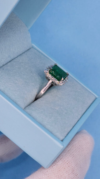 GIA 3.37 ct Natural Emerald and 0.50 ct Halo Diamond Engagement Ring in Platinum