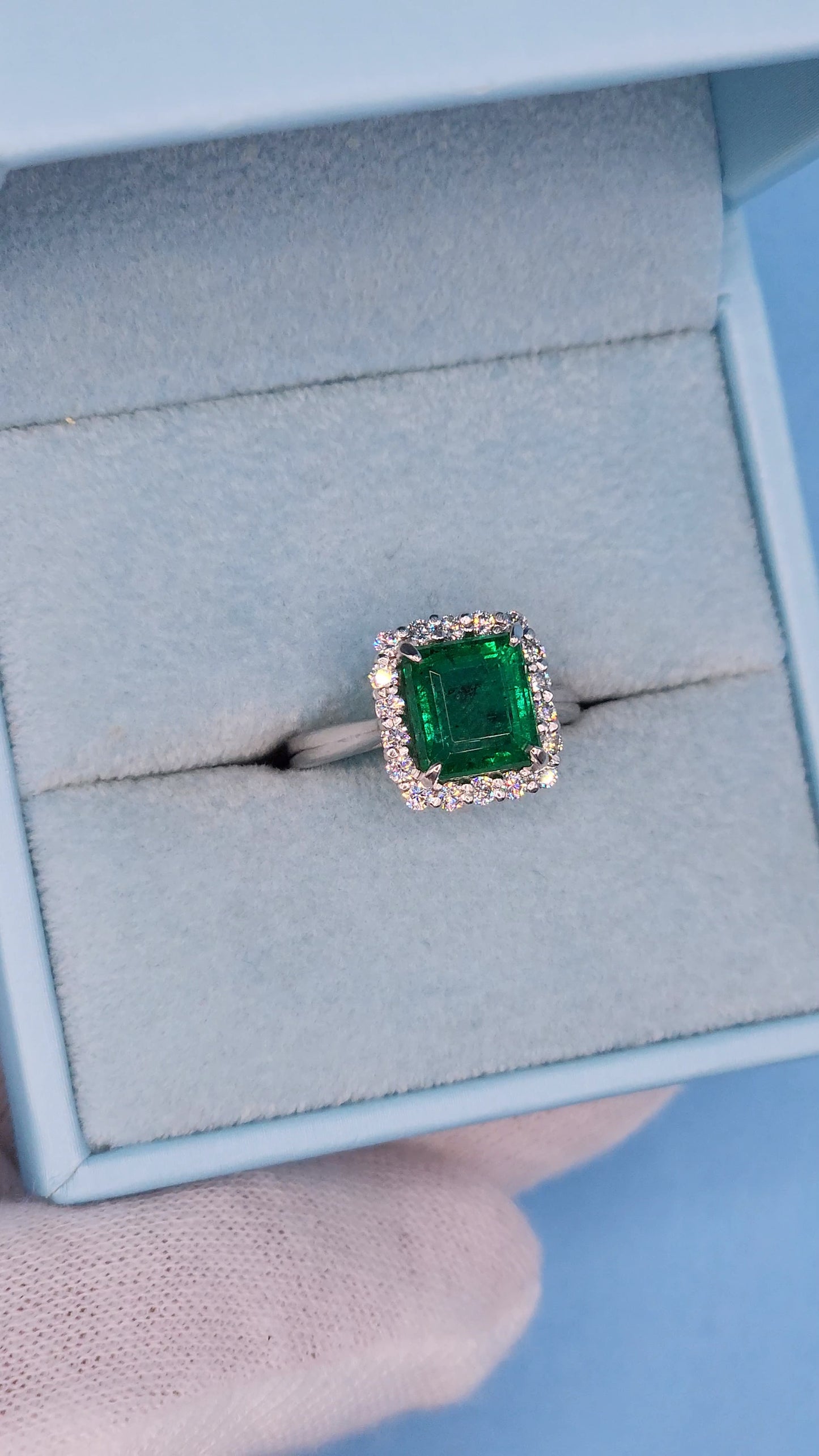 GIA 3.37 ct Natural Emerald and 0.50 ct Halo Diamond Engagement Ring in Platinum