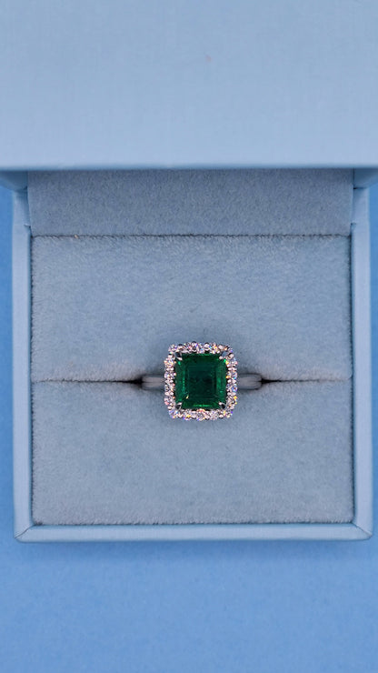 GIA 3.37 ct Natural Emerald and 0.50 ct Halo Diamond Engagement Ring in Platinum