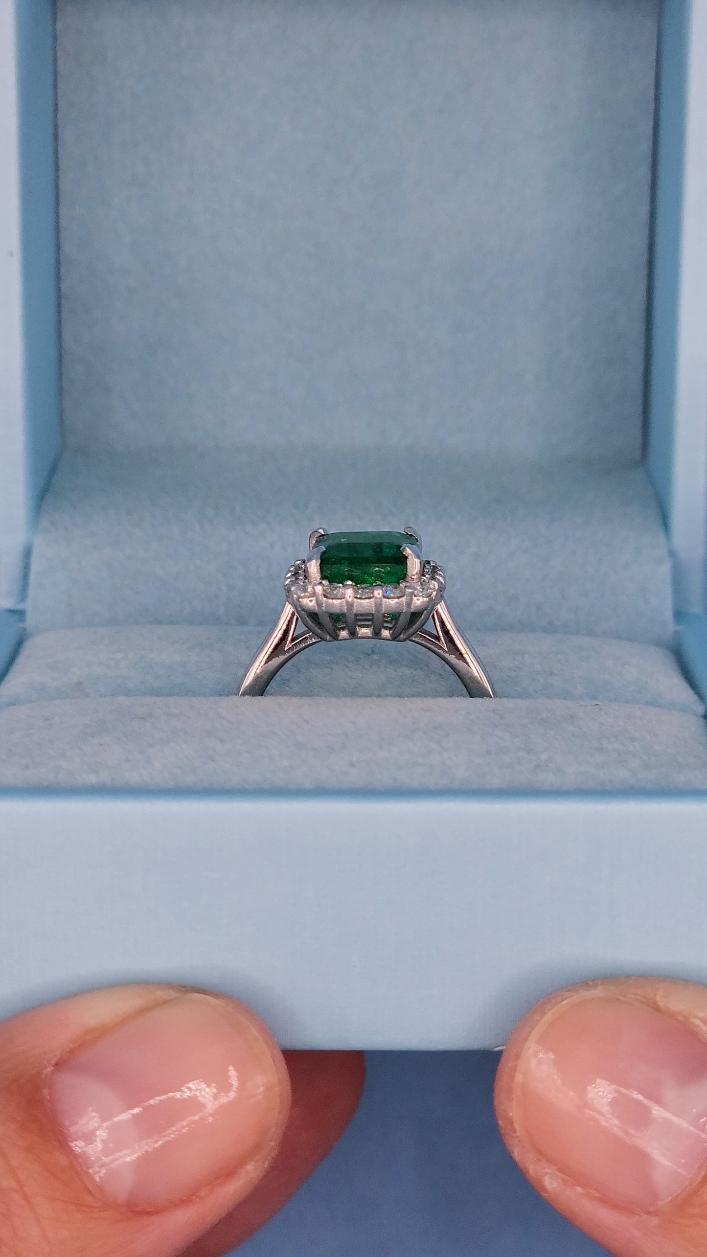 GIA 3.37 ct Natural Emerald and 0.50 ct Halo Diamond Engagement Ring in Platinum