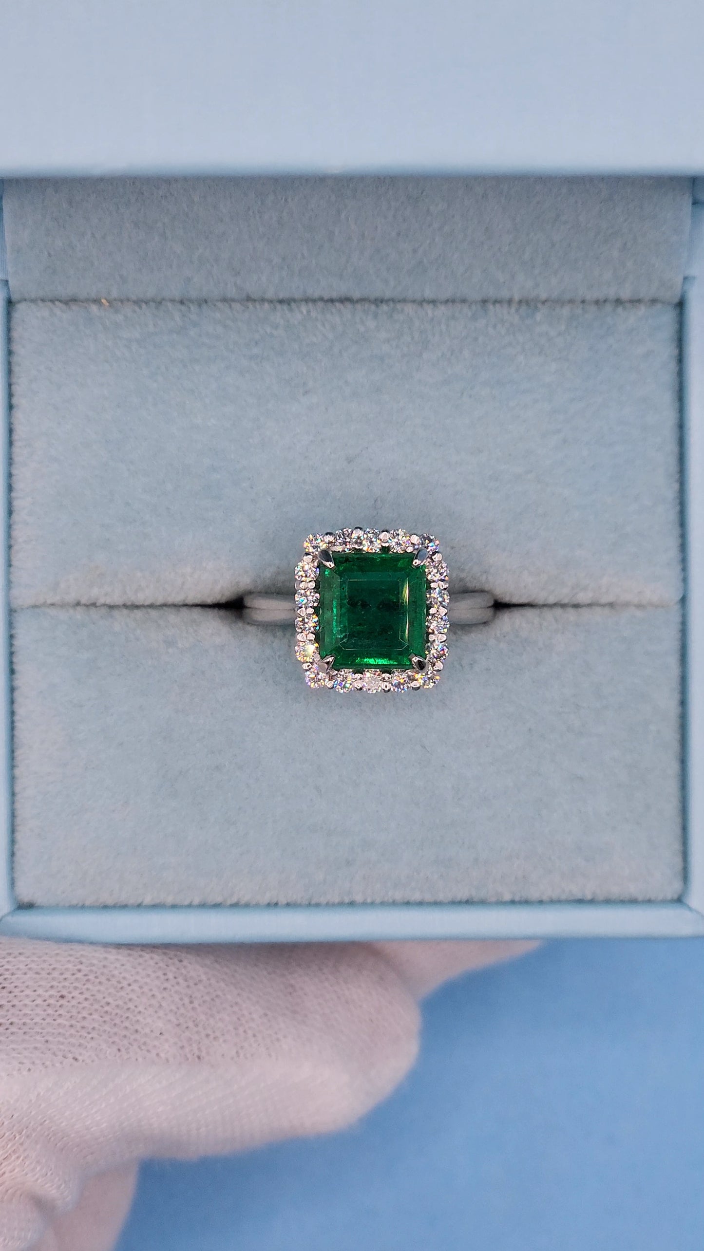 GIA 3.37 ct Natural Emerald and 0.50 ct Halo Diamond Engagement Ring in Platinum