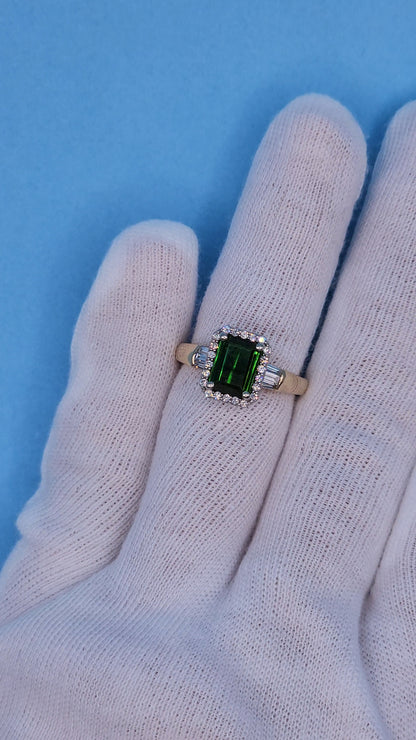 1.97 ct Green Tourmaline and Halo Diamond Ring in 14k Two-Tone Gold