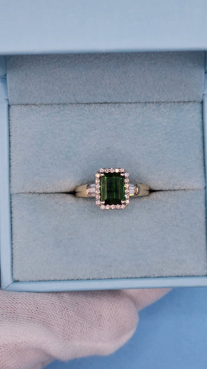 1.97 ct Green Tourmaline and Halo Diamond Ring in 14k Two-Tone Gold