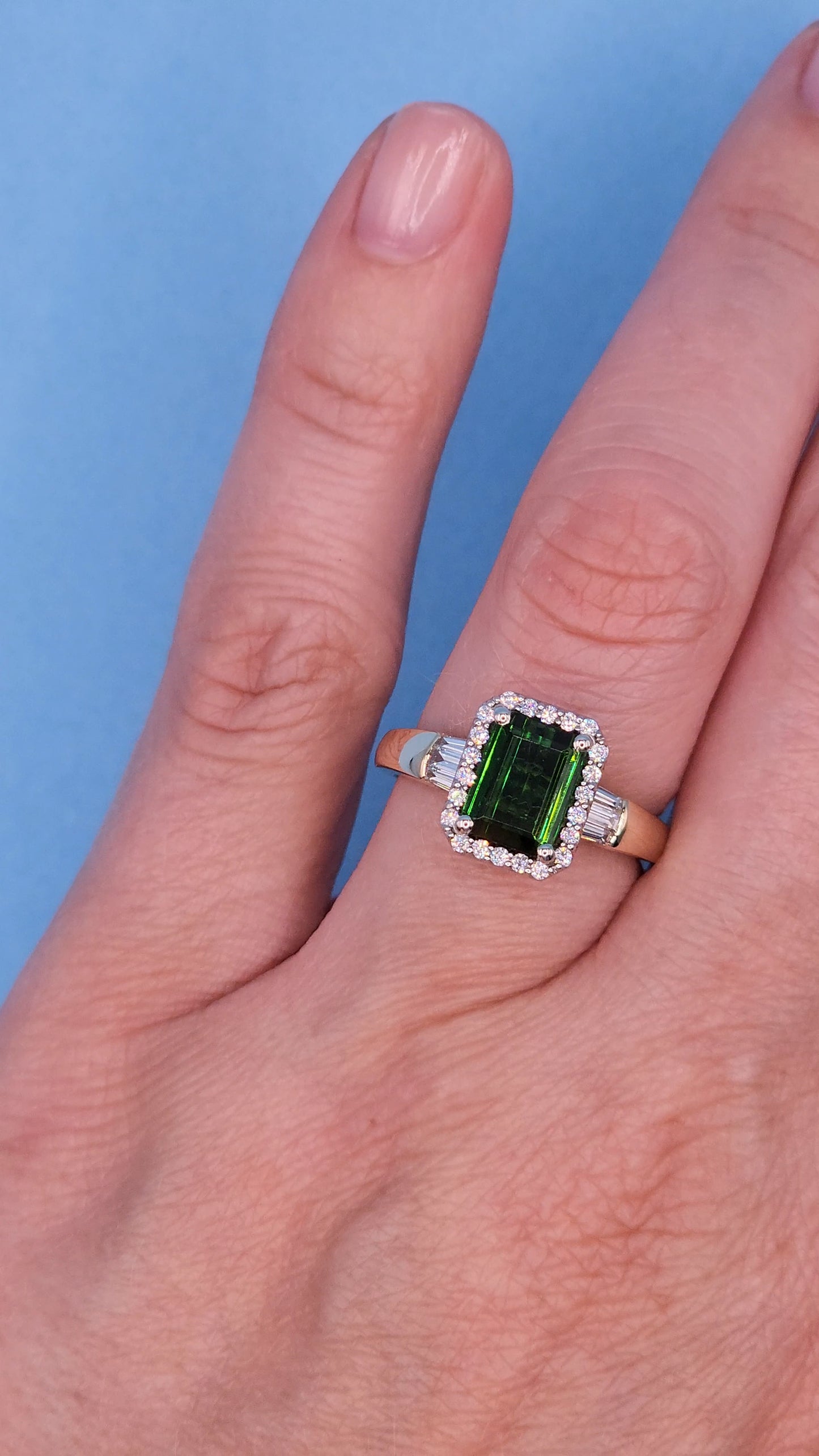 1.97 ct Green Tourmaline and Halo Diamond Ring in 14k Two-Tone Gold