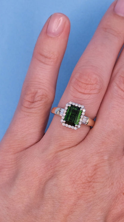 1.97 ct Green Tourmaline and Halo Diamond Ring in 14k Two-Tone Gold