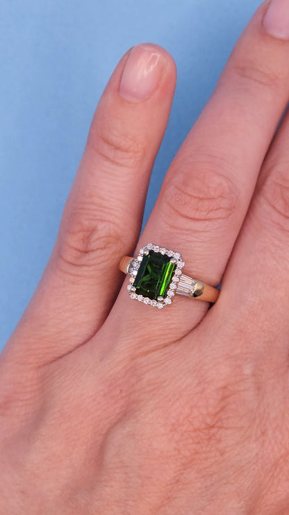 1.97 ct Green Tourmaline and Halo Diamond Ring in 14k Two-Tone Gold