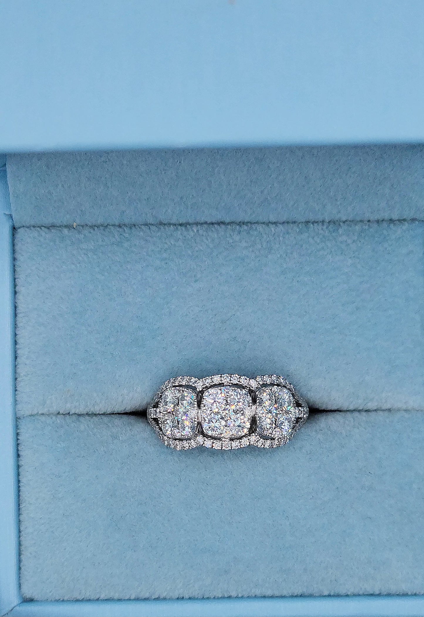 Three Stone Diamond Cushion Cluster Anniversary Ring in 18k White Gold