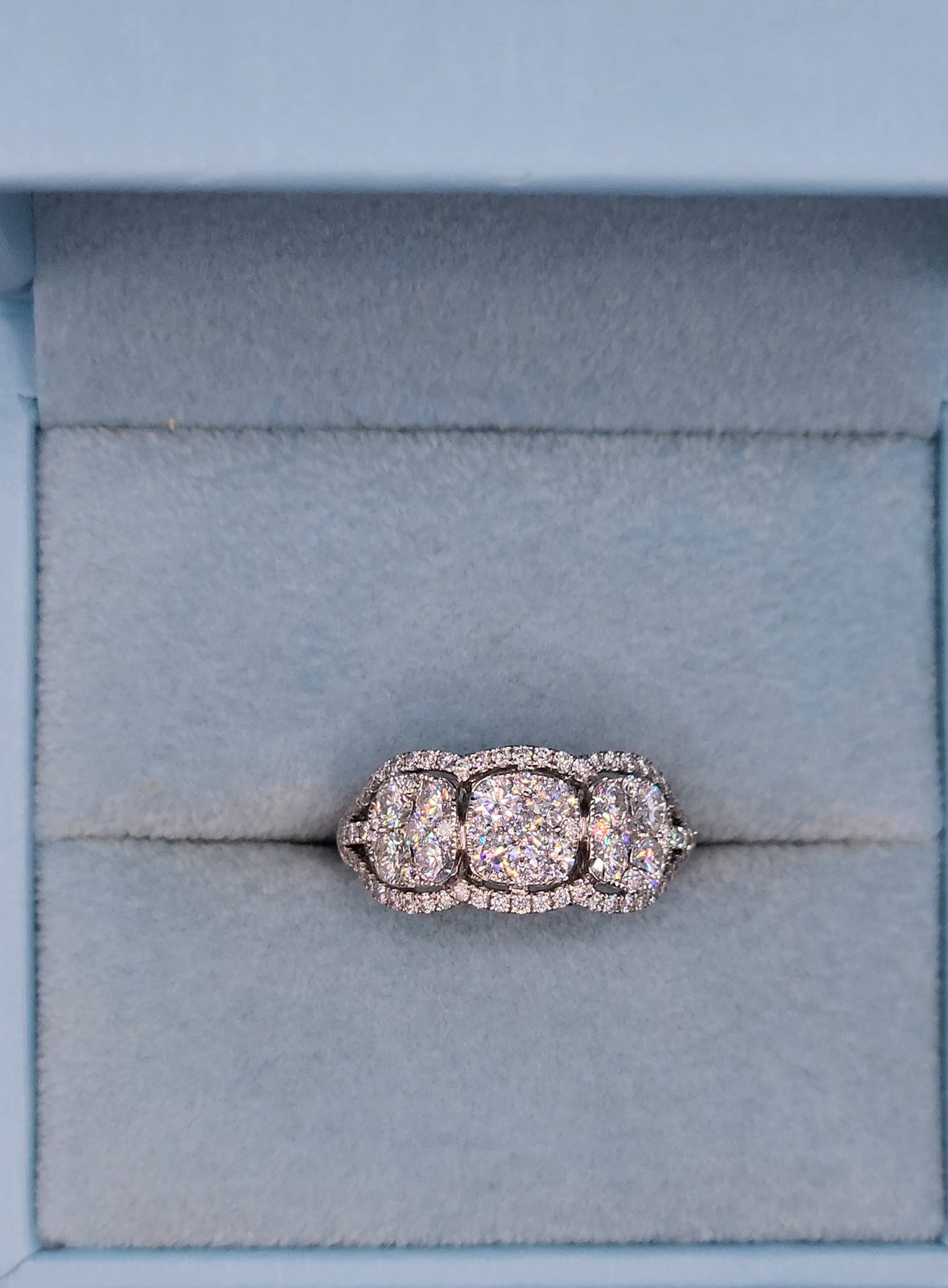 Three Stone Diamond Cushion Cluster Anniversary Ring in 18k White Gold