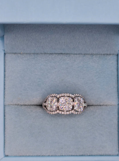 Three Stone Diamond Cushion Cluster Anniversary Ring in 18k White Gold