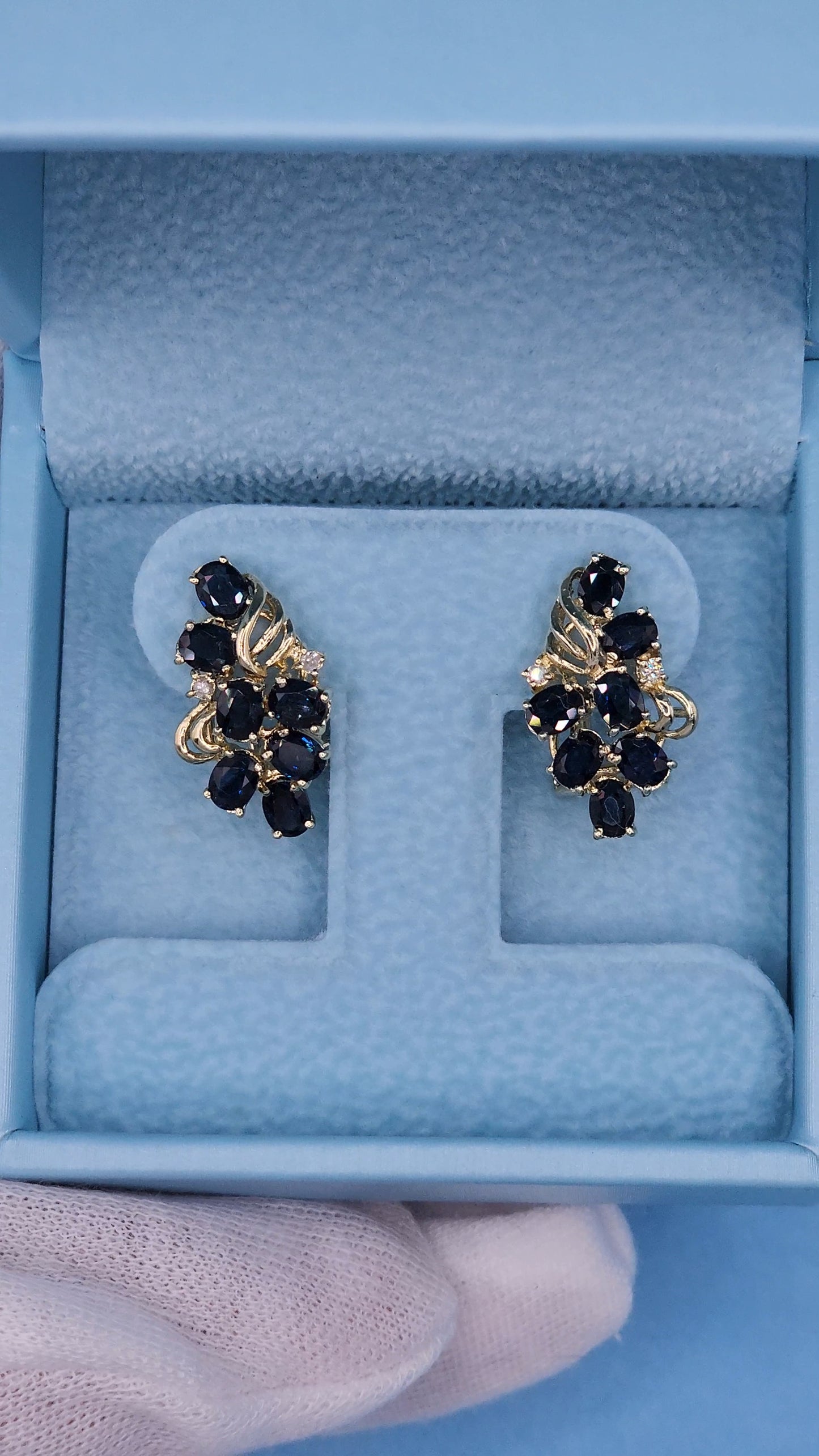 Oval Sapphire and Diamond Cluster Earrings in 14k Yellow Gold