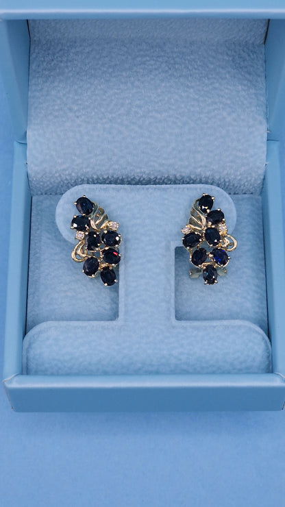 Oval Sapphire and Diamond Cluster Earrings in 14k Yellow Gold