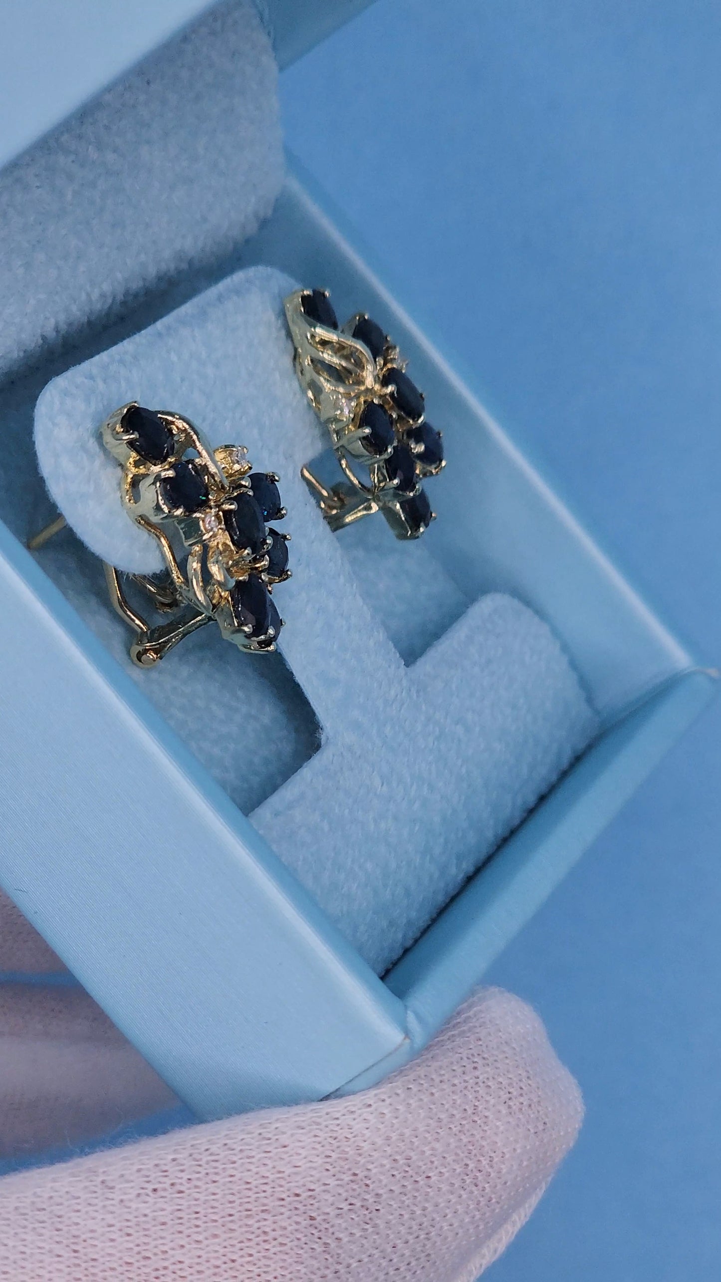 Oval Sapphire and Diamond Cluster Earrings in 14k Yellow Gold