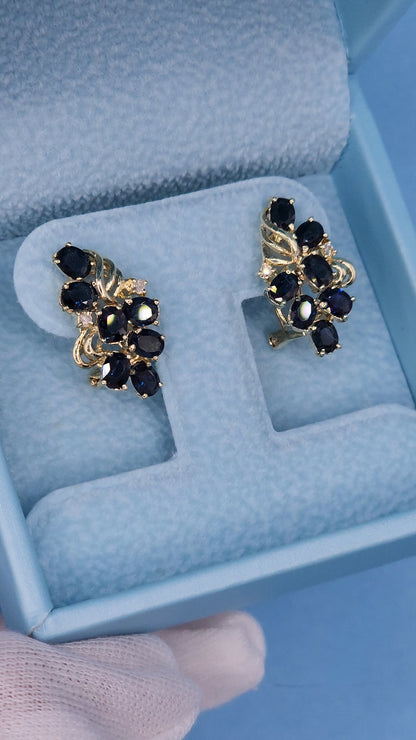 Oval Sapphire and Diamond Cluster Earrings in 14k Yellow Gold