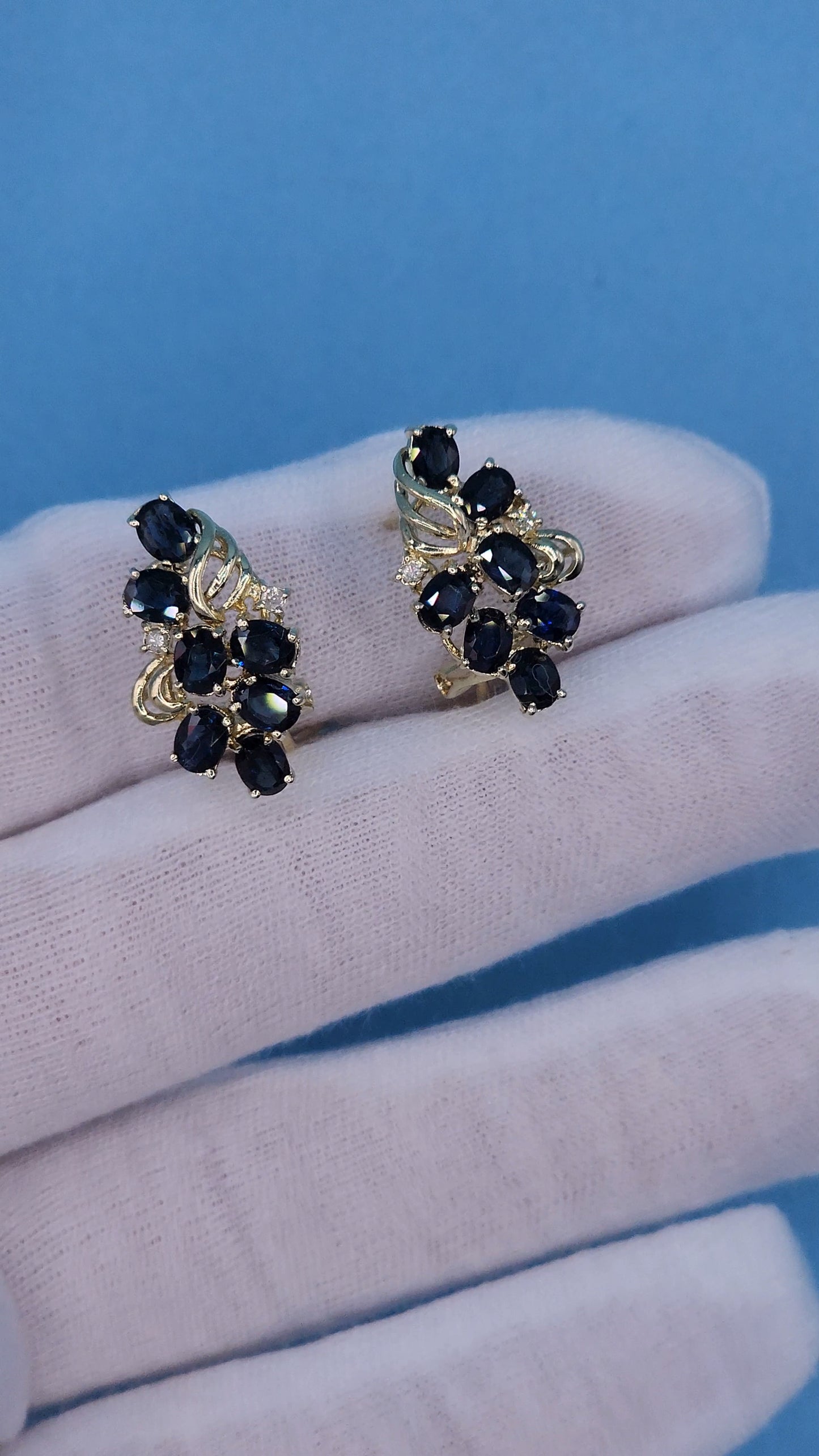 Oval Sapphire and Diamond Cluster Earrings in 14k Yellow Gold