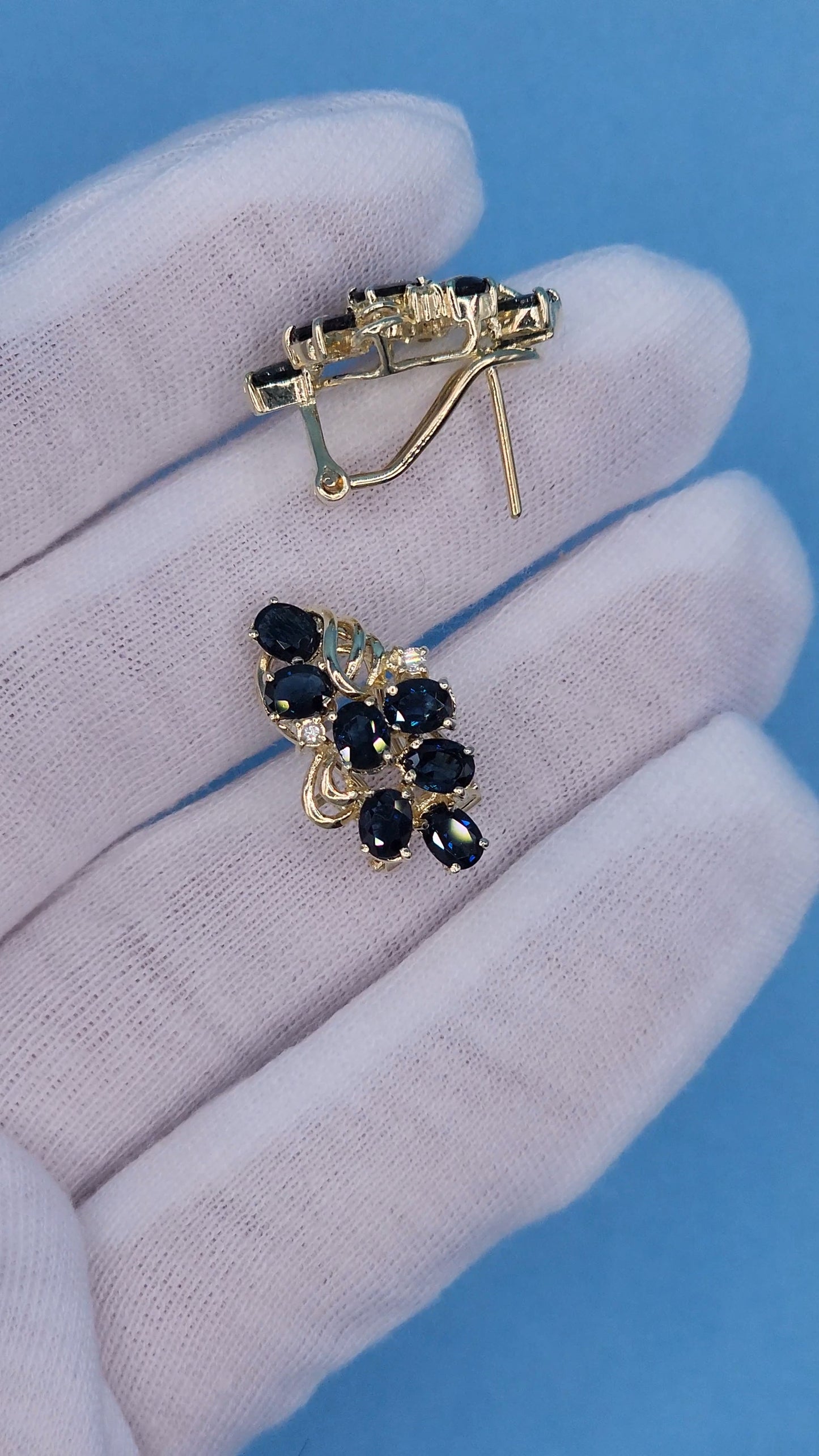 Oval Sapphire and Diamond Cluster Earrings in 14k Yellow Gold