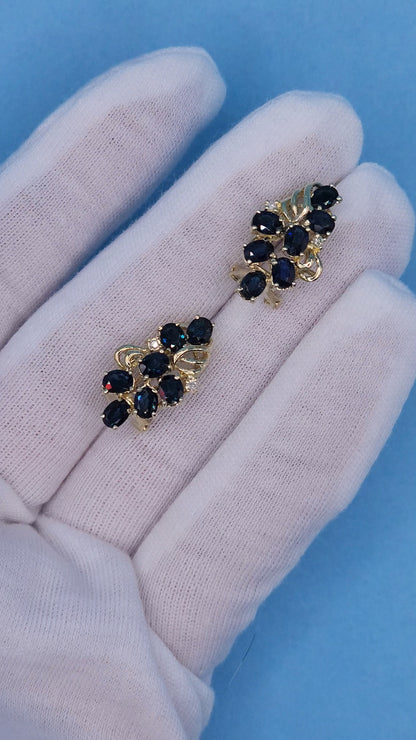 Oval Sapphire and Diamond Cluster Earrings in 14k Yellow Gold