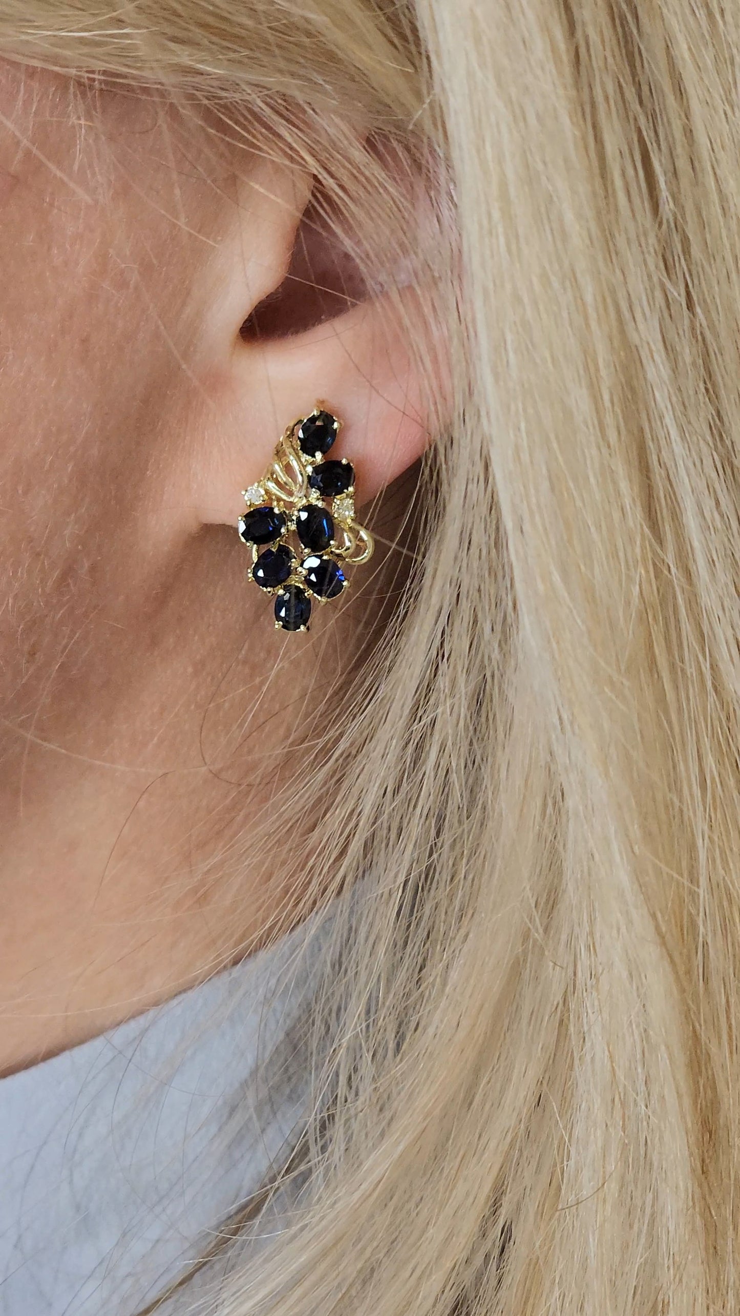 Oval Sapphire and Diamond Cluster Earrings in 14k Yellow Gold