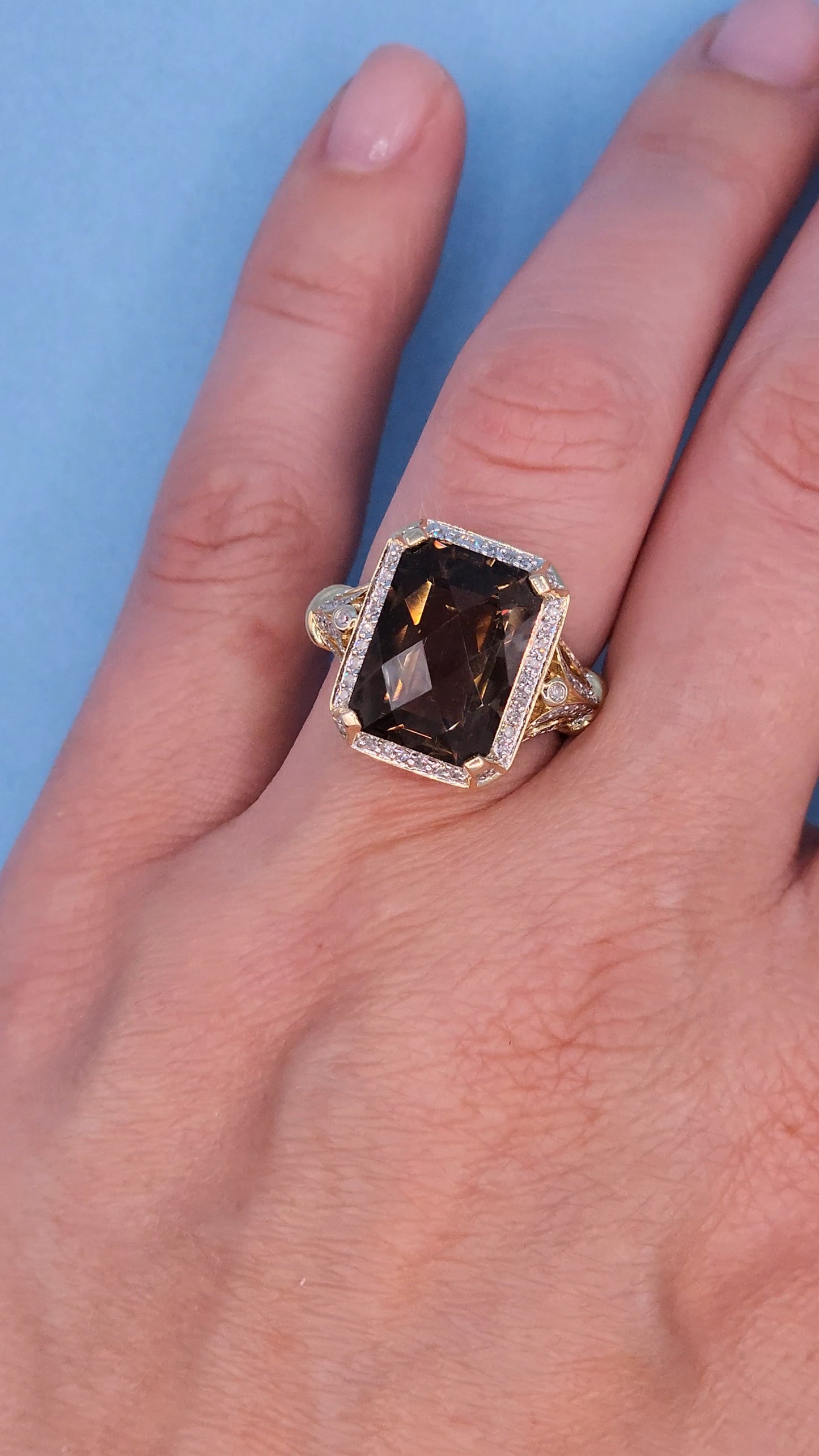 Rectangular Checkerboard Smoky Quartz and Diamond Ring in 14k Yellow Gold