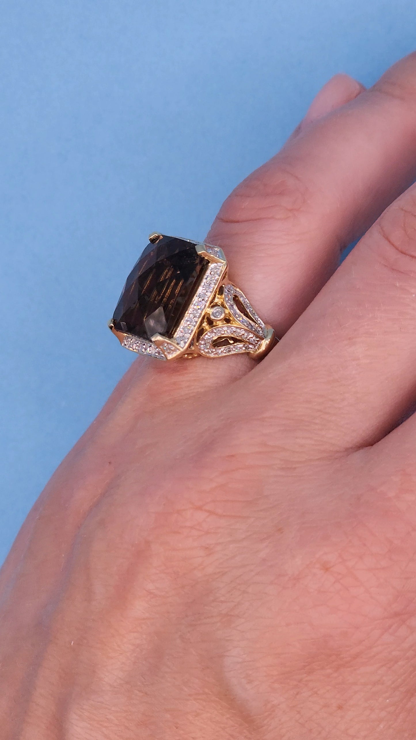 Rectangular Checkerboard Smoky Quartz and Diamond Ring in 14k Yellow Gold