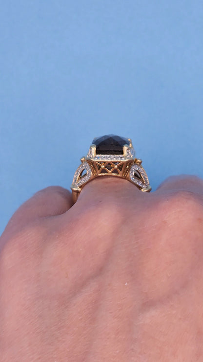 Rectangular Checkerboard Smoky Quartz and Diamond Ring in 14k Yellow Gold