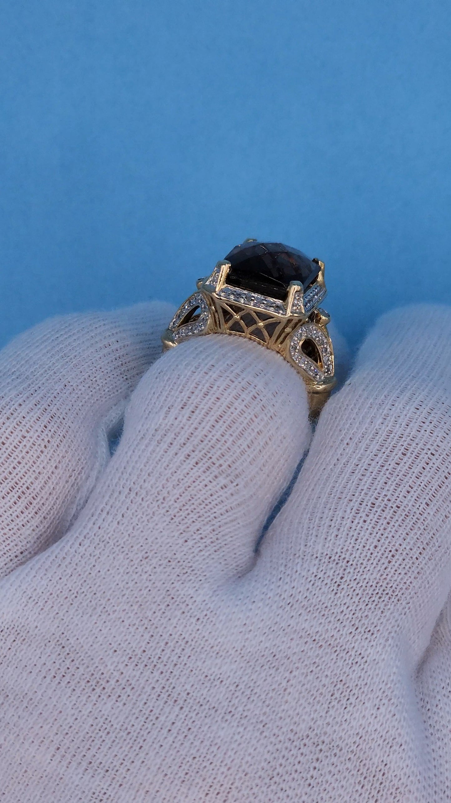 Rectangular Checkerboard Smoky Quartz and Diamond Ring in 14k Yellow Gold