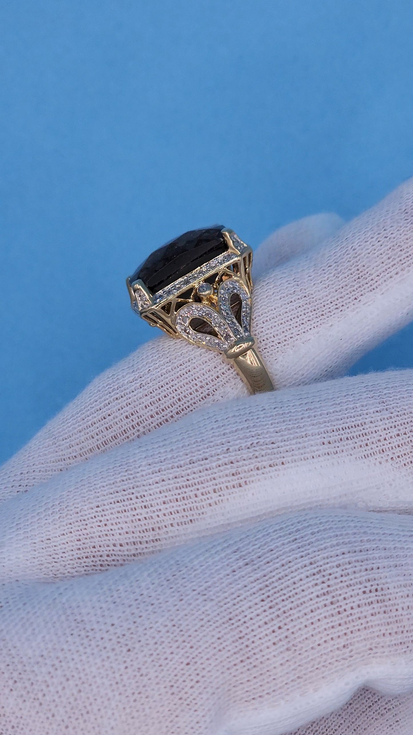 Rectangular Checkerboard Smoky Quartz and Diamond Ring in 14k Yellow Gold