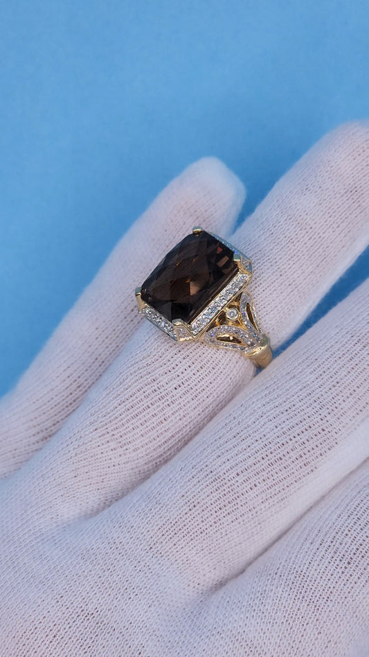 Rectangular Checkerboard Smoky Quartz and Diamond Ring in 14k Yellow Gold