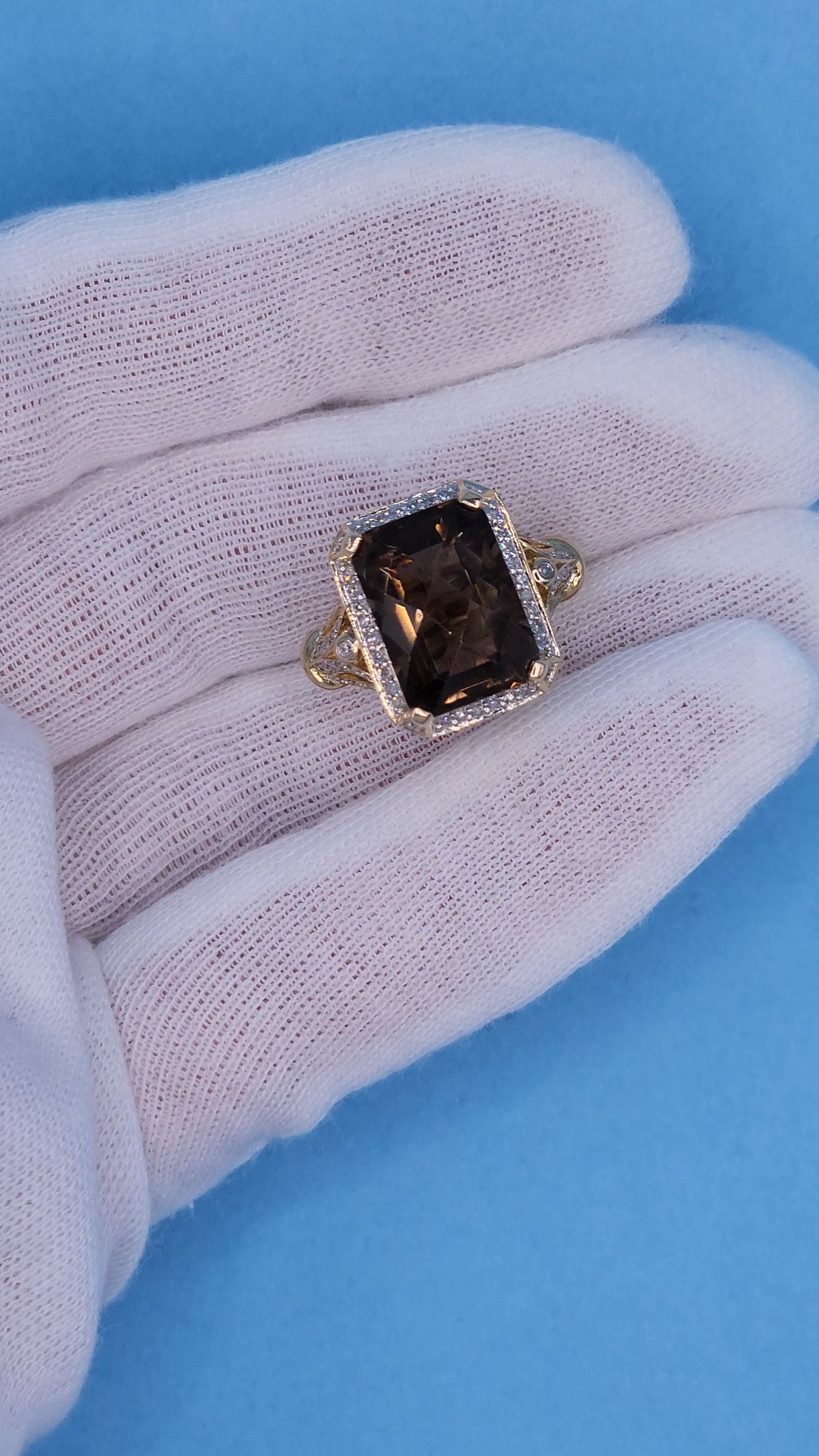 Rectangular Checkerboard Smoky Quartz and Diamond Ring in 14k Yellow Gold