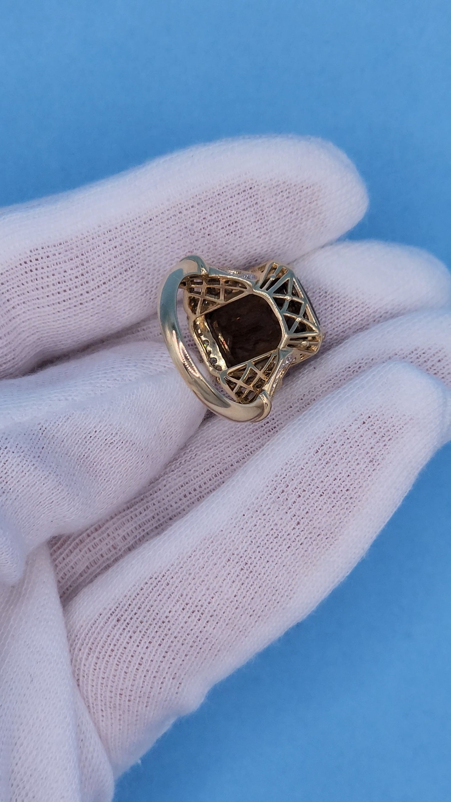 Rectangular Checkerboard Smoky Quartz and Diamond Ring in 14k Yellow Gold