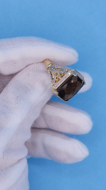 Rectangular Checkerboard Smoky Quartz and Diamond Ring in 14k Yellow Gold