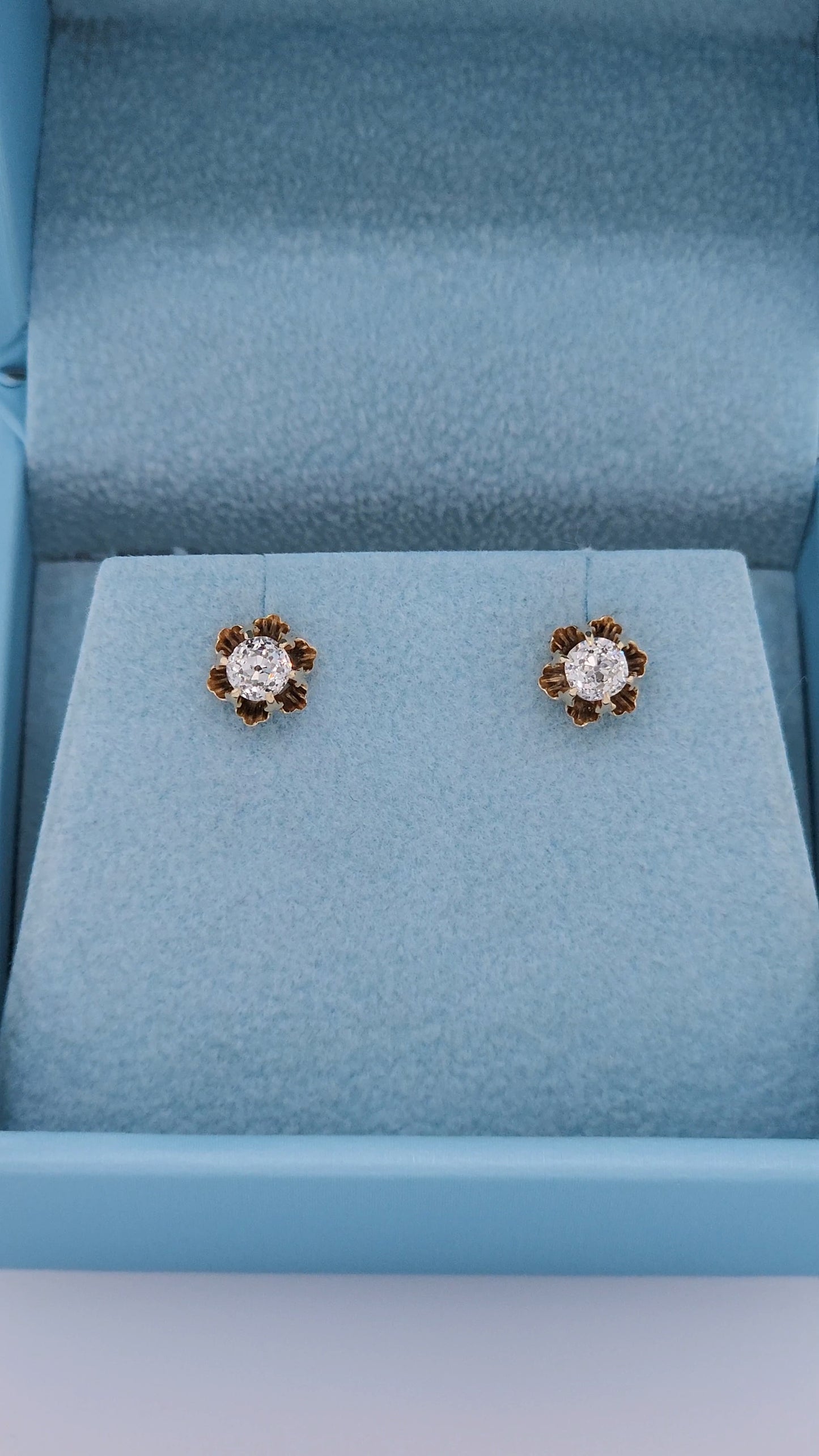 Vintage Flower Motif Stud Earrings with Old Mine Diamonds in 14k Rose Gold