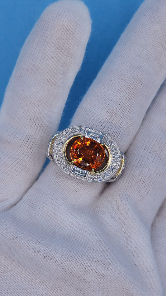 Spessartine Orange Garnet Diamond and Pink Topaz Ring in 14k Yellow and White Gold