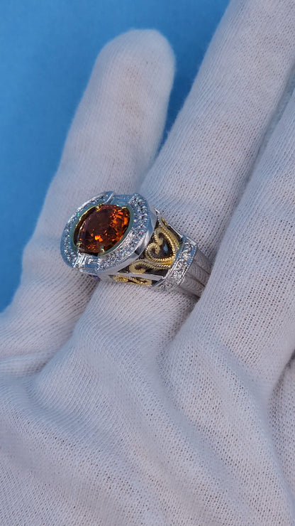 Spessartine Orange Garnet Diamond and Pink Topaz Ring in 14k Yellow and White Gold