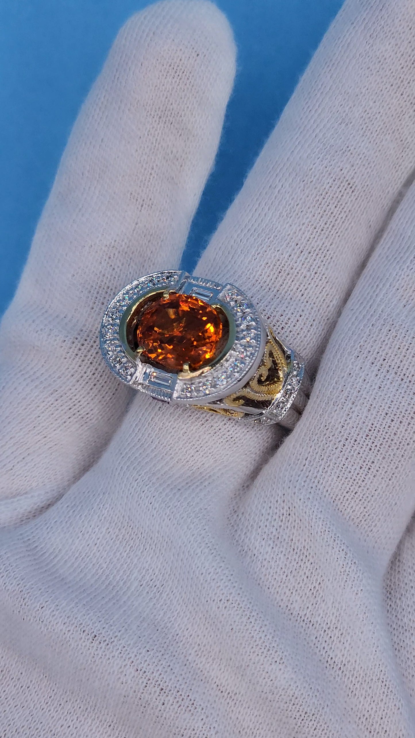 Spessartine Orange Garnet Diamond and Pink Topaz Ring in 14k Yellow and White Gold