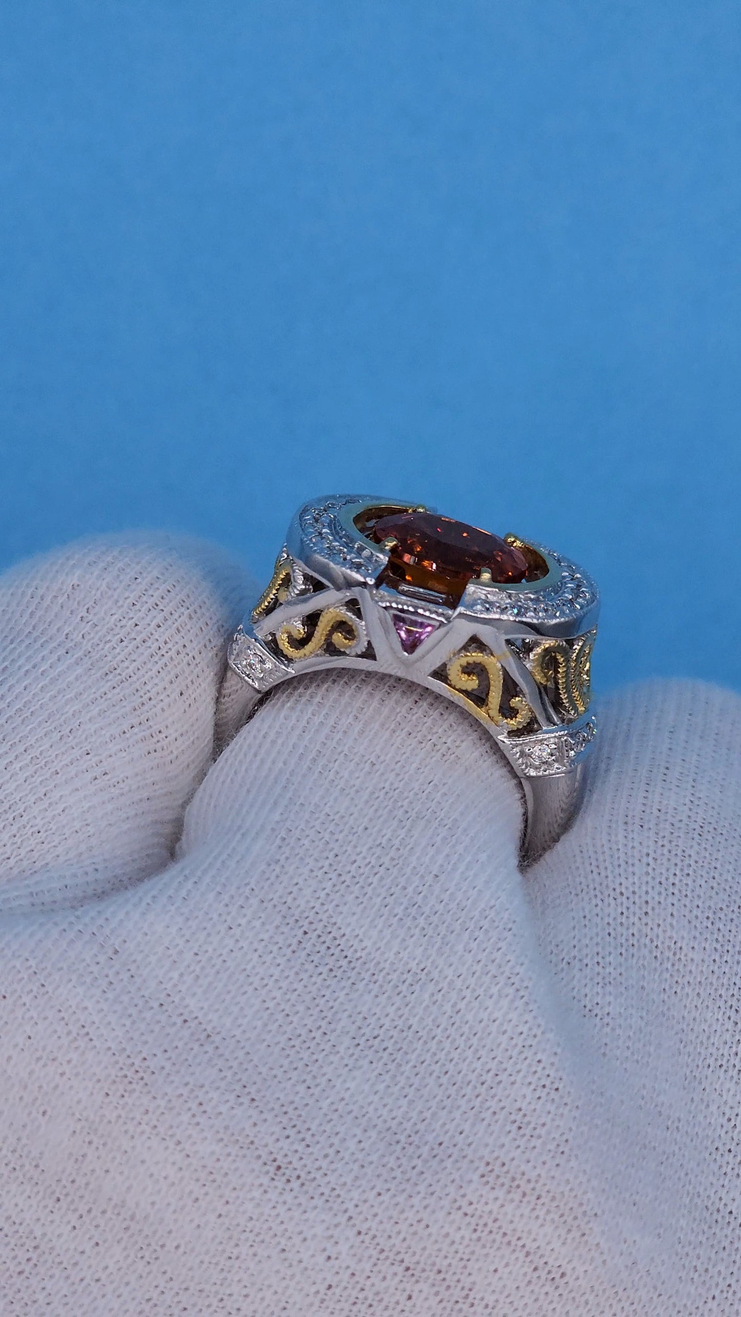 Spessartine Orange Garnet Diamond and Pink Topaz Ring in 14k Yellow and White Gold